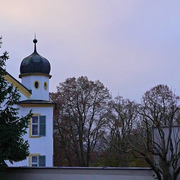 Walting Schloss Pfuenz Turm Weißes Gebäude mit Zwiebelturm, davor große Tanne und kahle Bäume, blauer Himmel im Hintergrund.